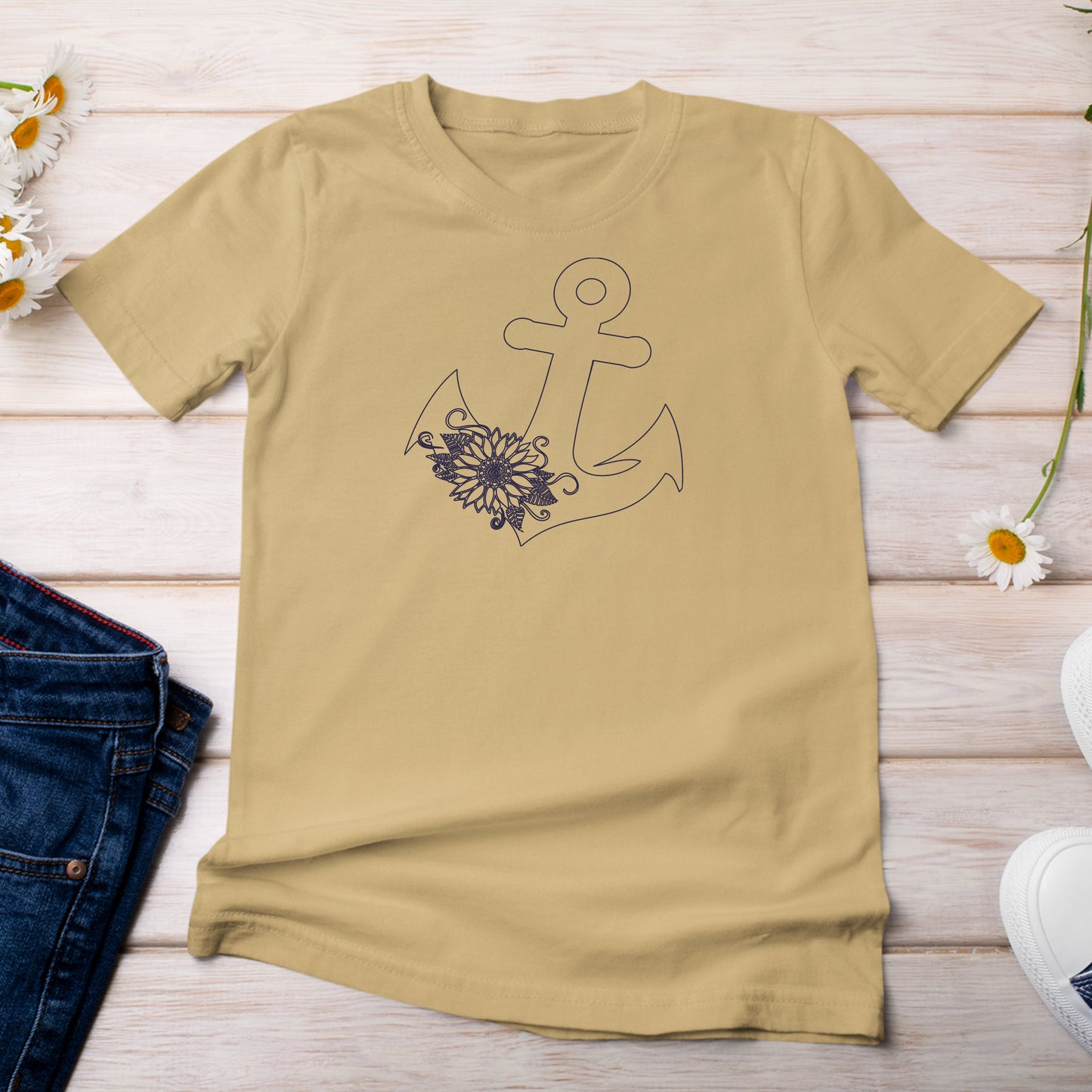 T-Shirt Yellow Mustard Color with Anchor with Sunflower