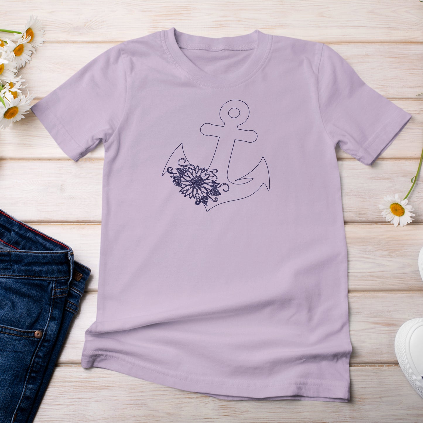 T-Shirt Light Lilac Orchid Color with Anchor with Sunflower