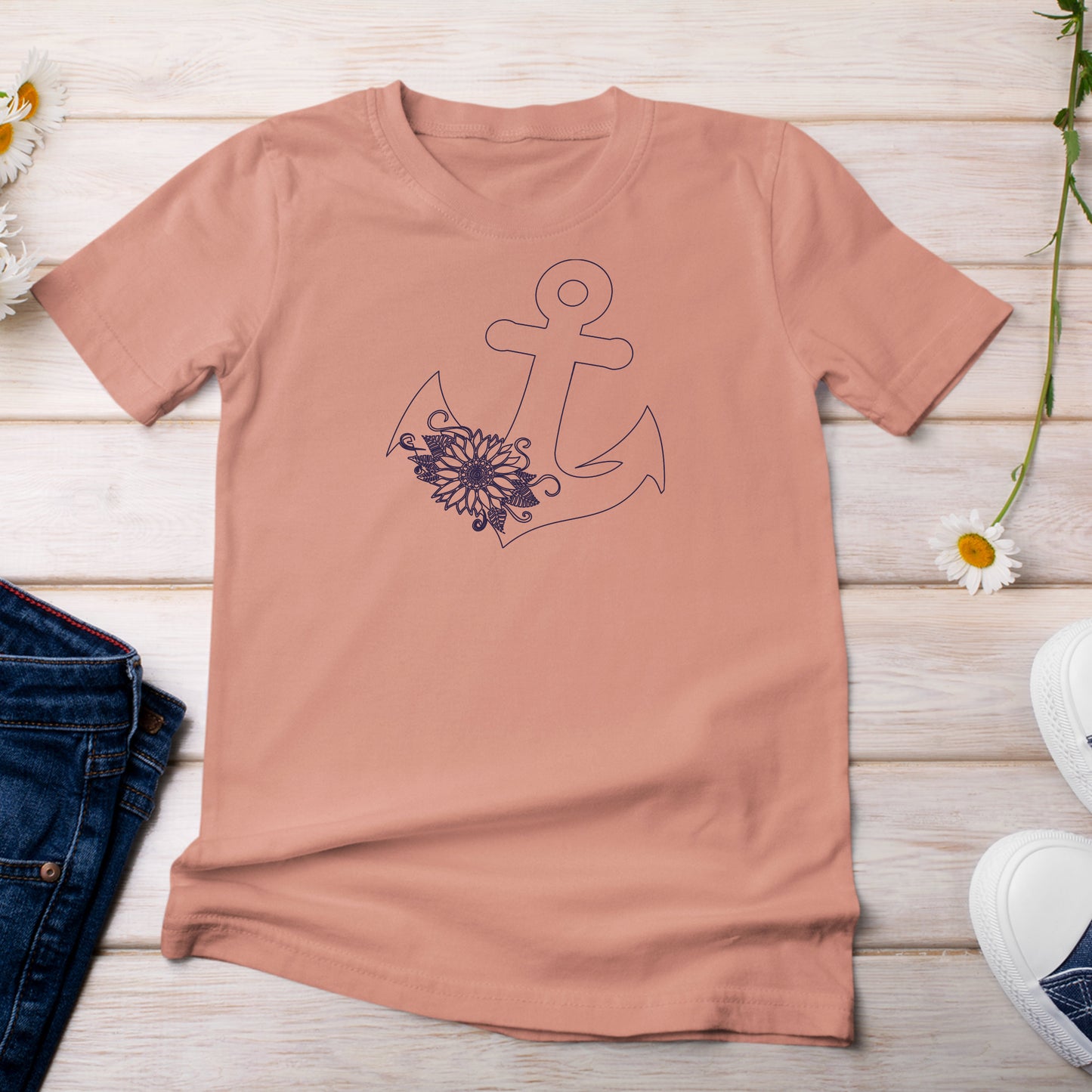 T-Shirt Terra Cotta Color with Anchor with Sunflower