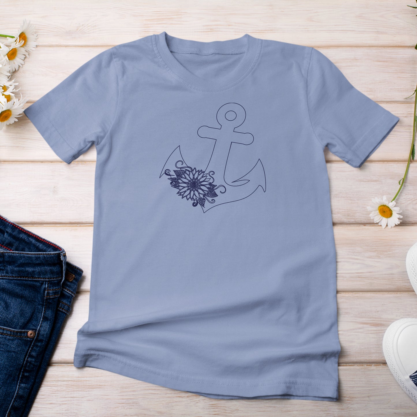 T-Shirt Washed Denim Color with Anchor with Sunflower