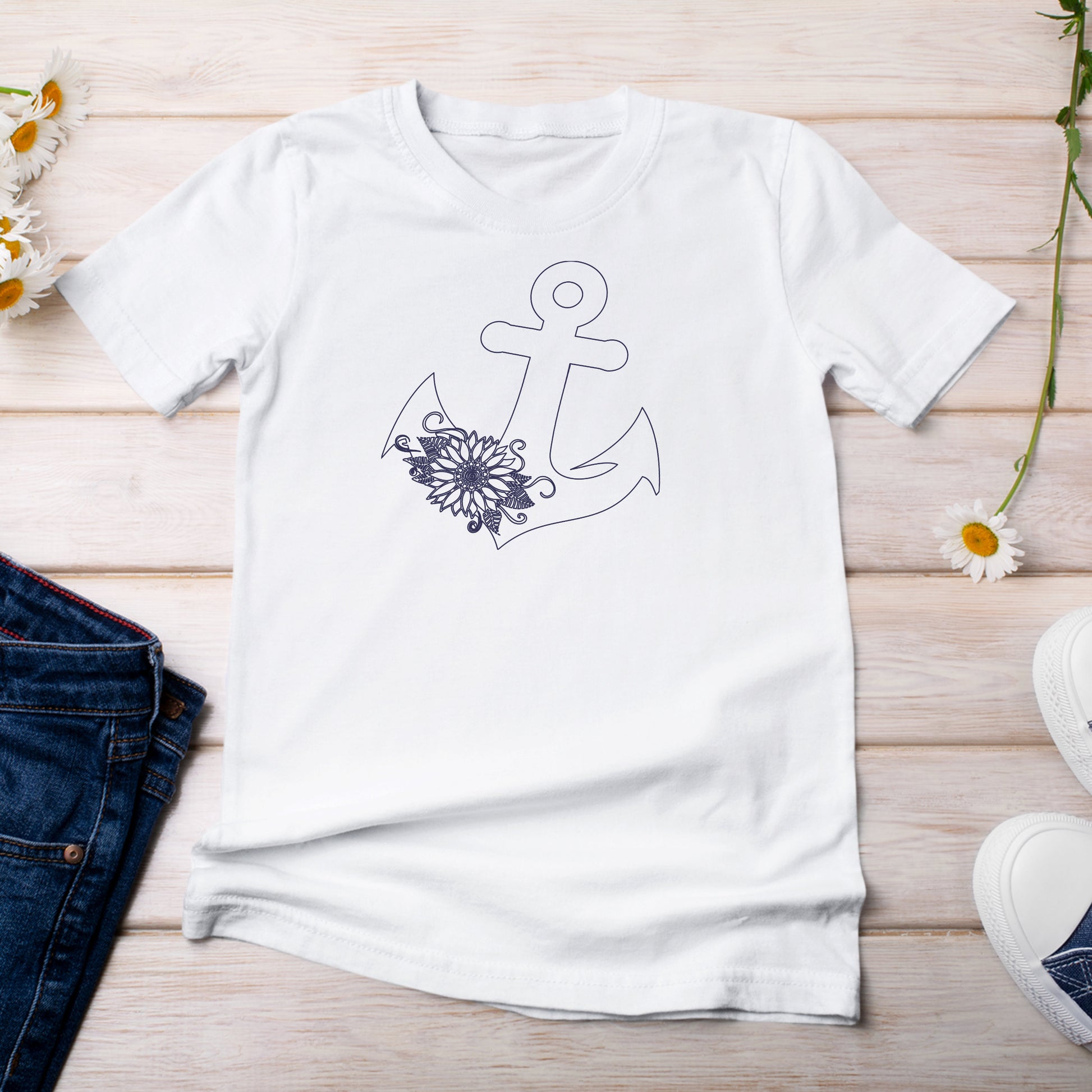 White T-Shirt with Anchor with Sunflower