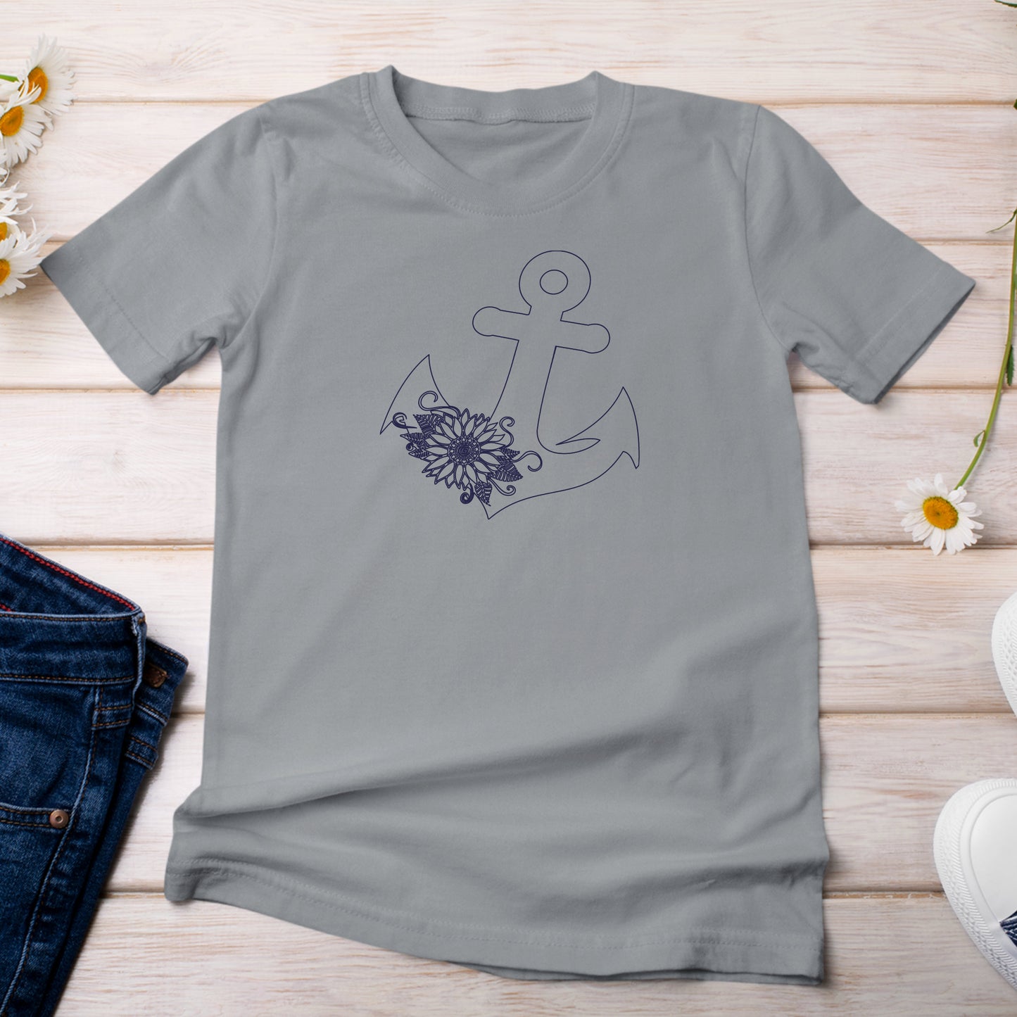 T-Shirt Light Grey Granite color with Anchor with Sunflower