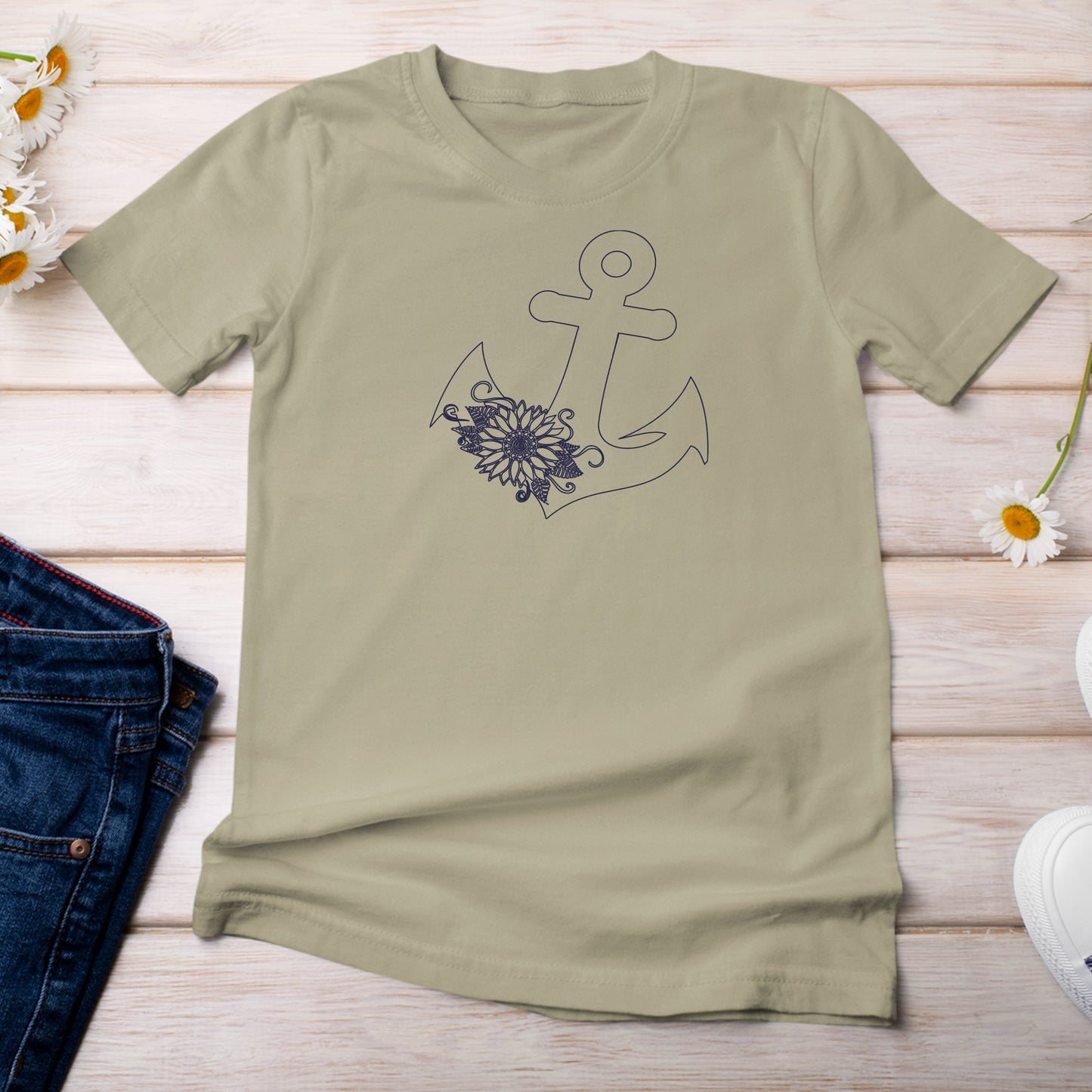 T-Shirt Khaki Color with Anchor with Sunflower