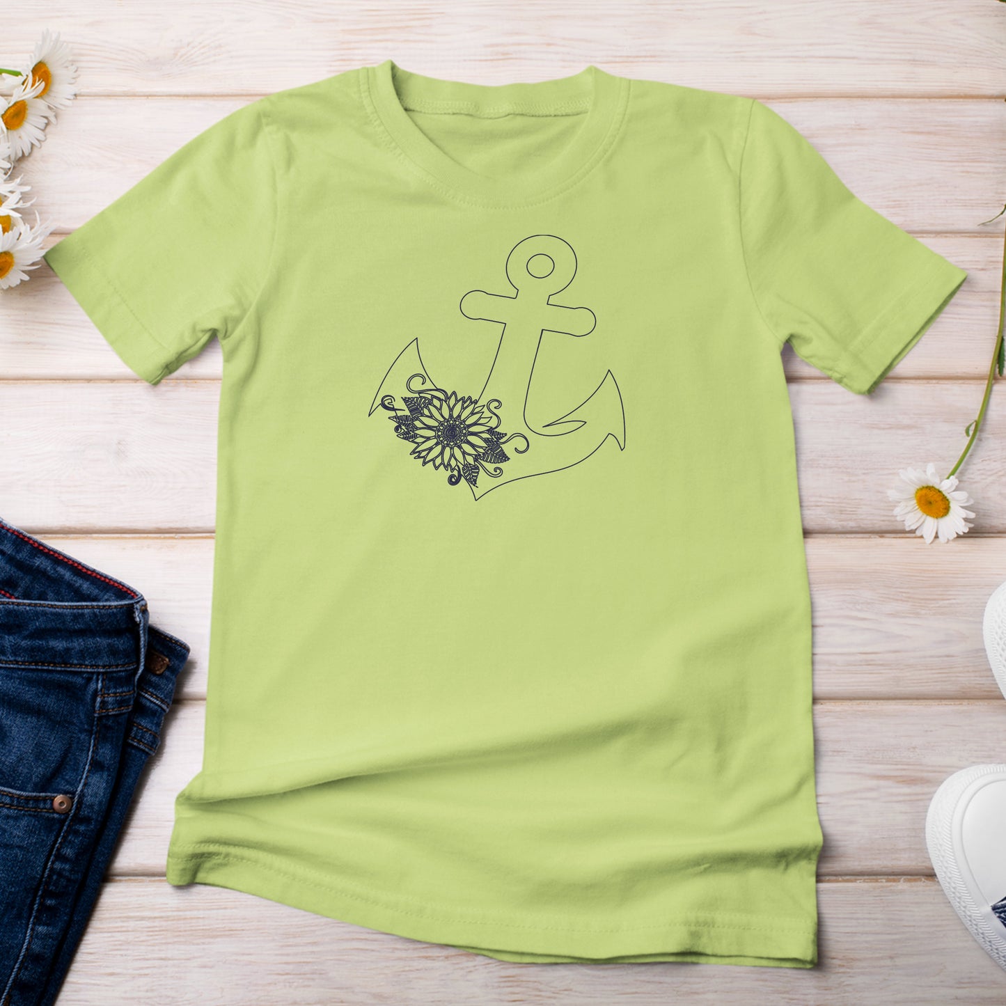 T-Shirt Green Kiwi Color with Anchor with Sunflower