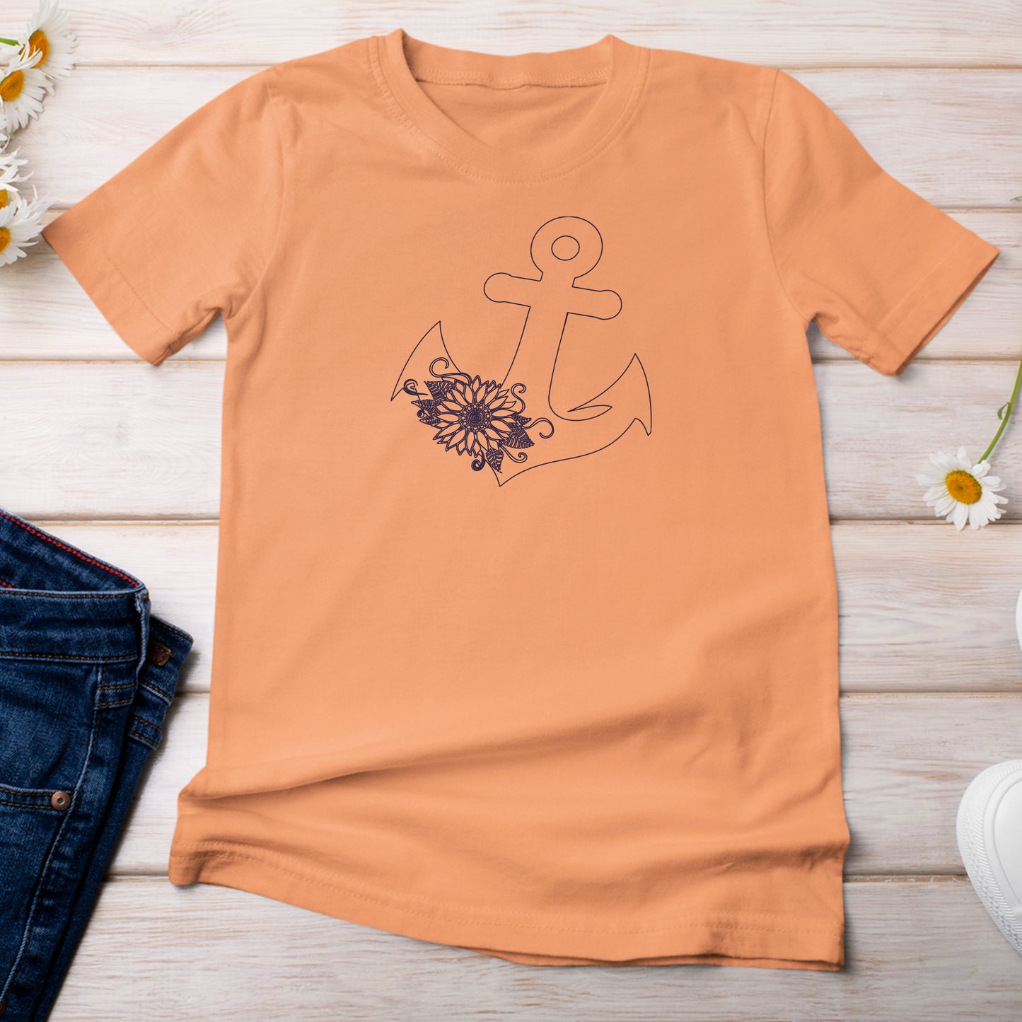 T-Shirt Orange Melon Color with Anchor with Sunflower