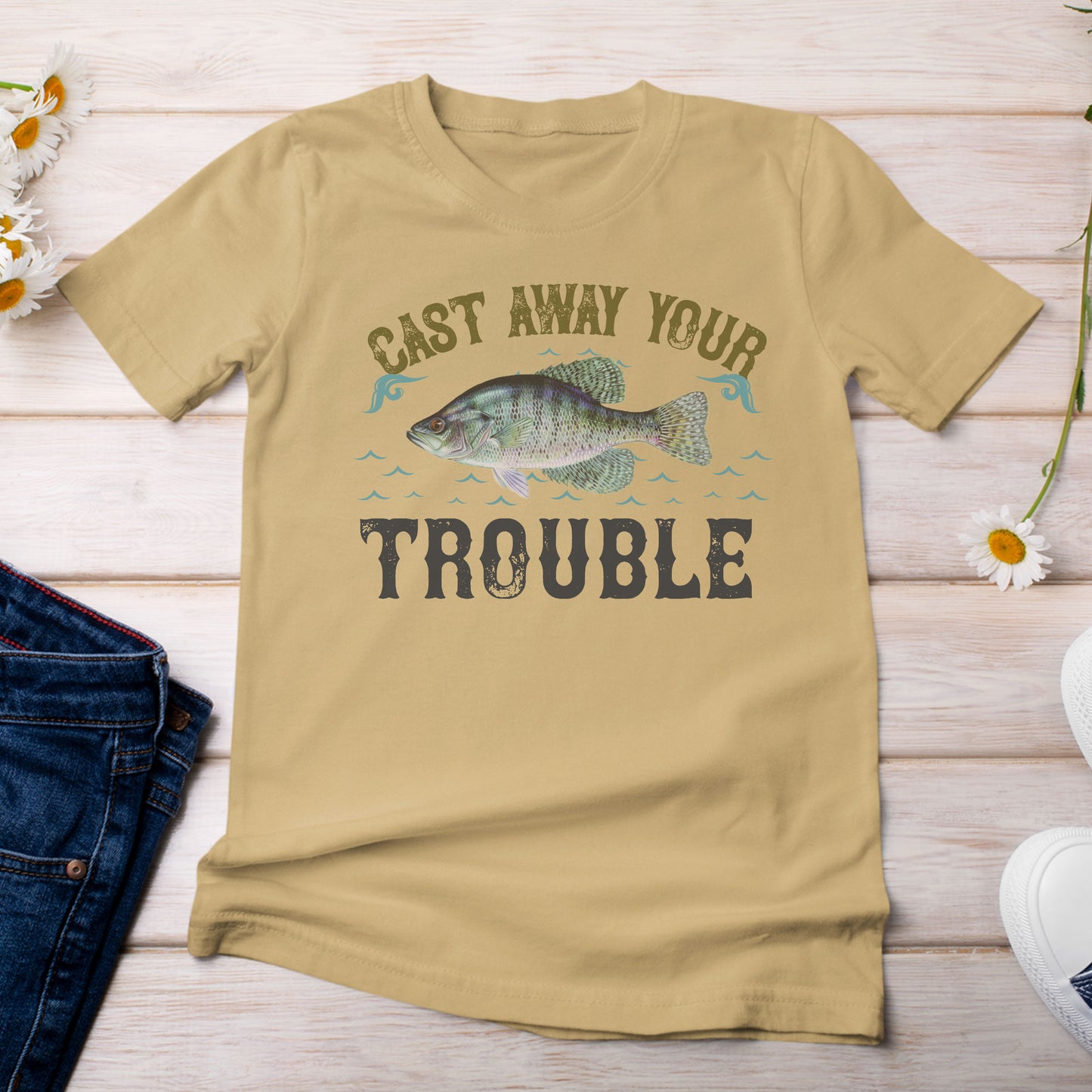 Cast Away Your Trouble and Catch a Crappie T-Shirt Yellow Mustard Color