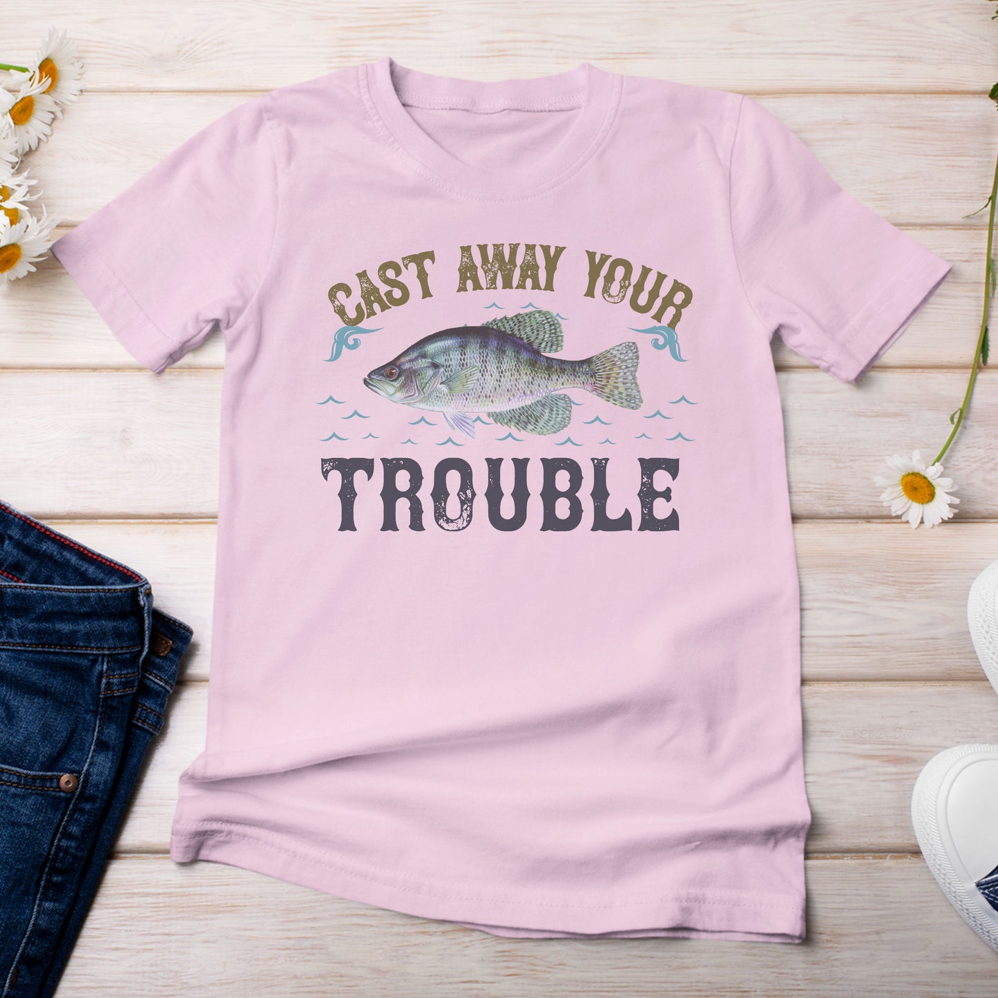 Cast Away Your Trouble and Catch a Crappie T-Shirt Light Pink Blossom Color