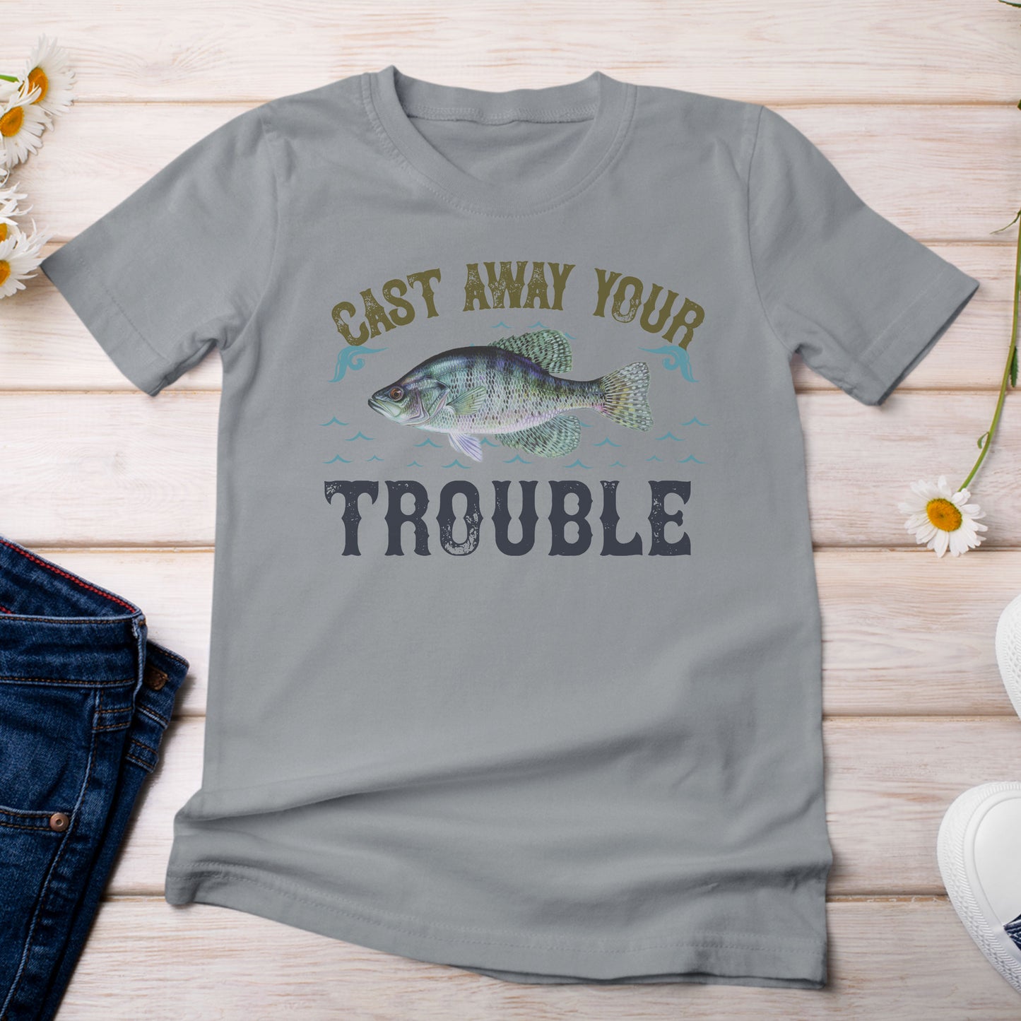 Cast Away Your Trouble and Catch a Crappie T-Shirt Light Grey Granite Color