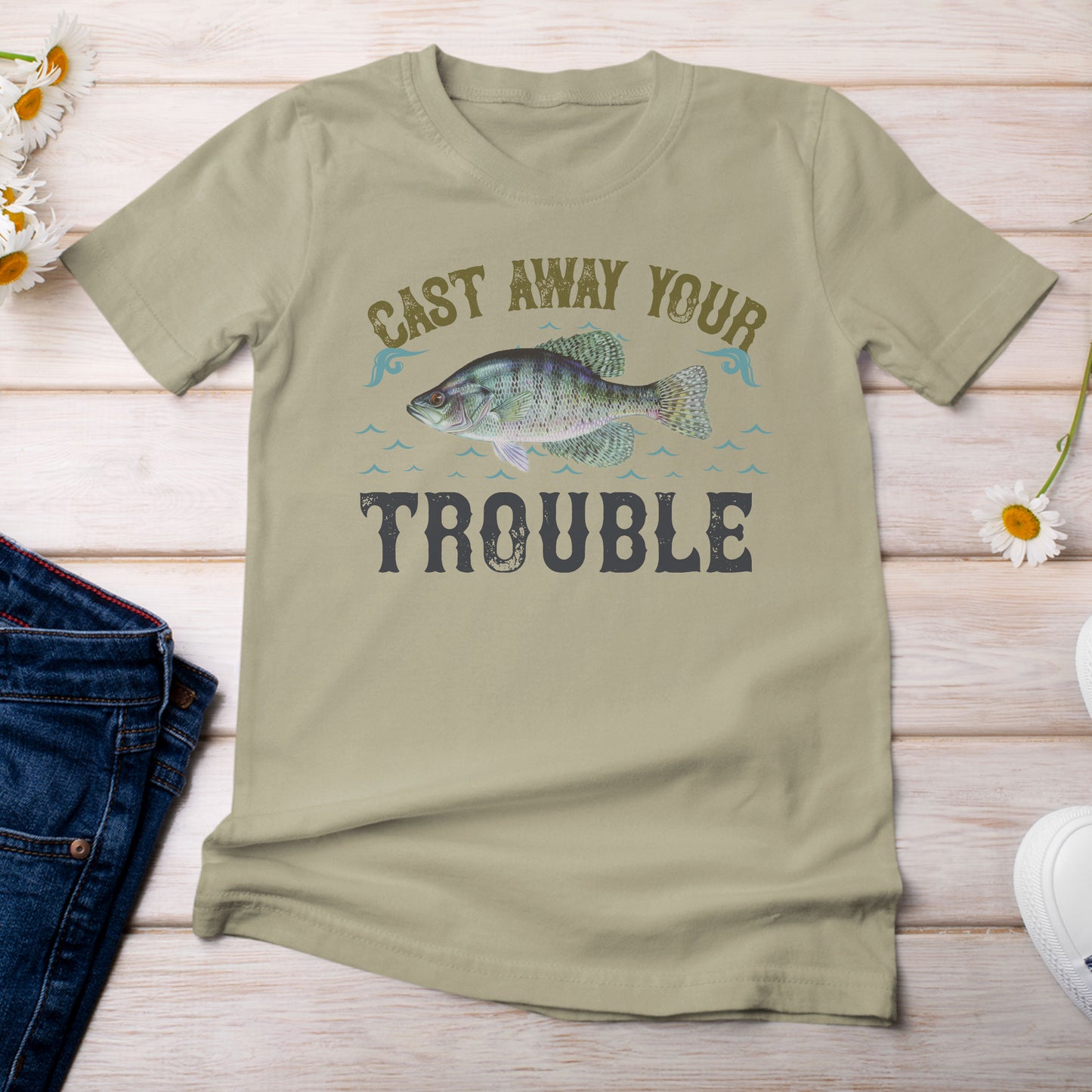 Cast Away Your Trouble and Catch a Crappie T-Shirt Light Khaki Color