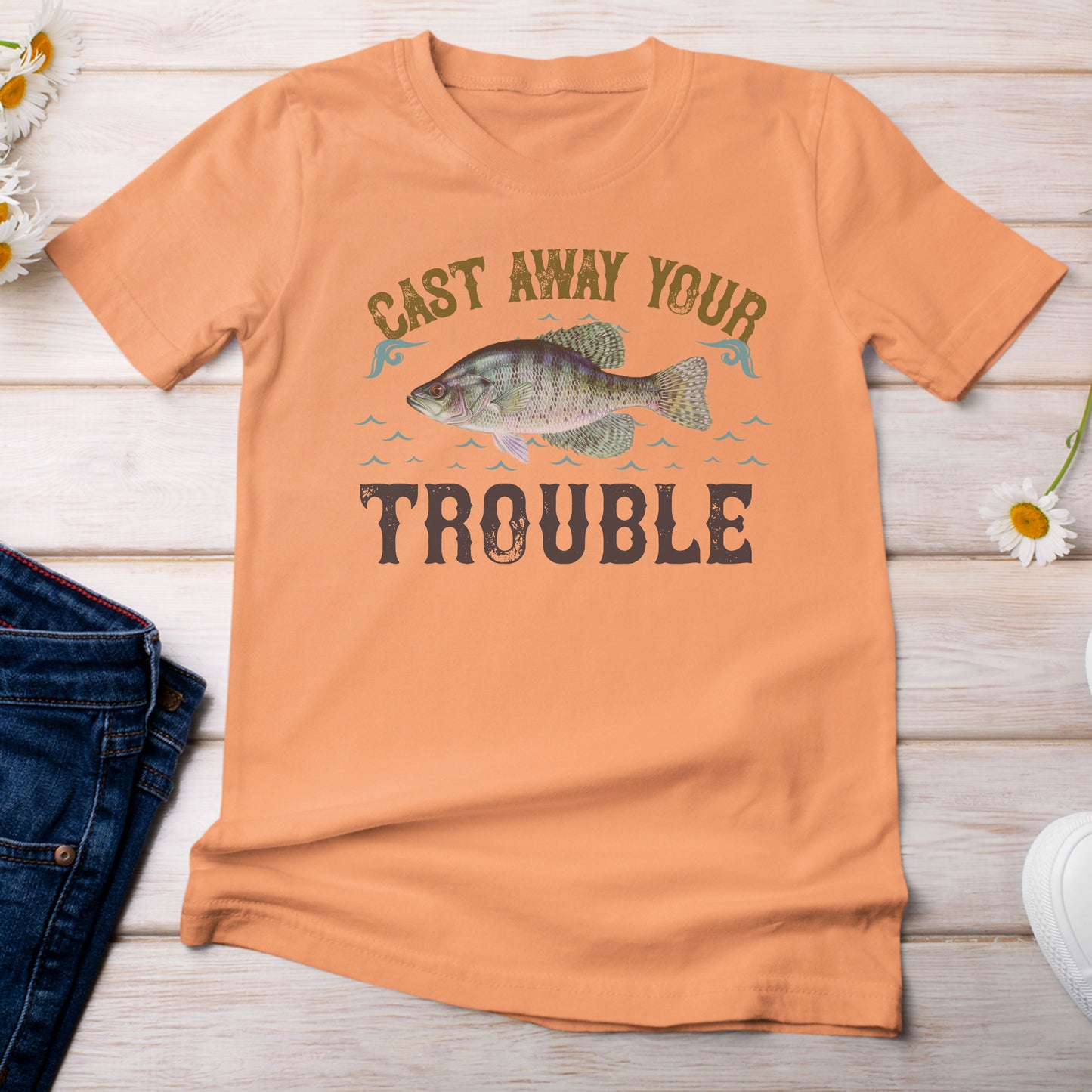 Cast Away Your Trouble and Catch a Crappie T-Shirt Bright Orange Melon Color