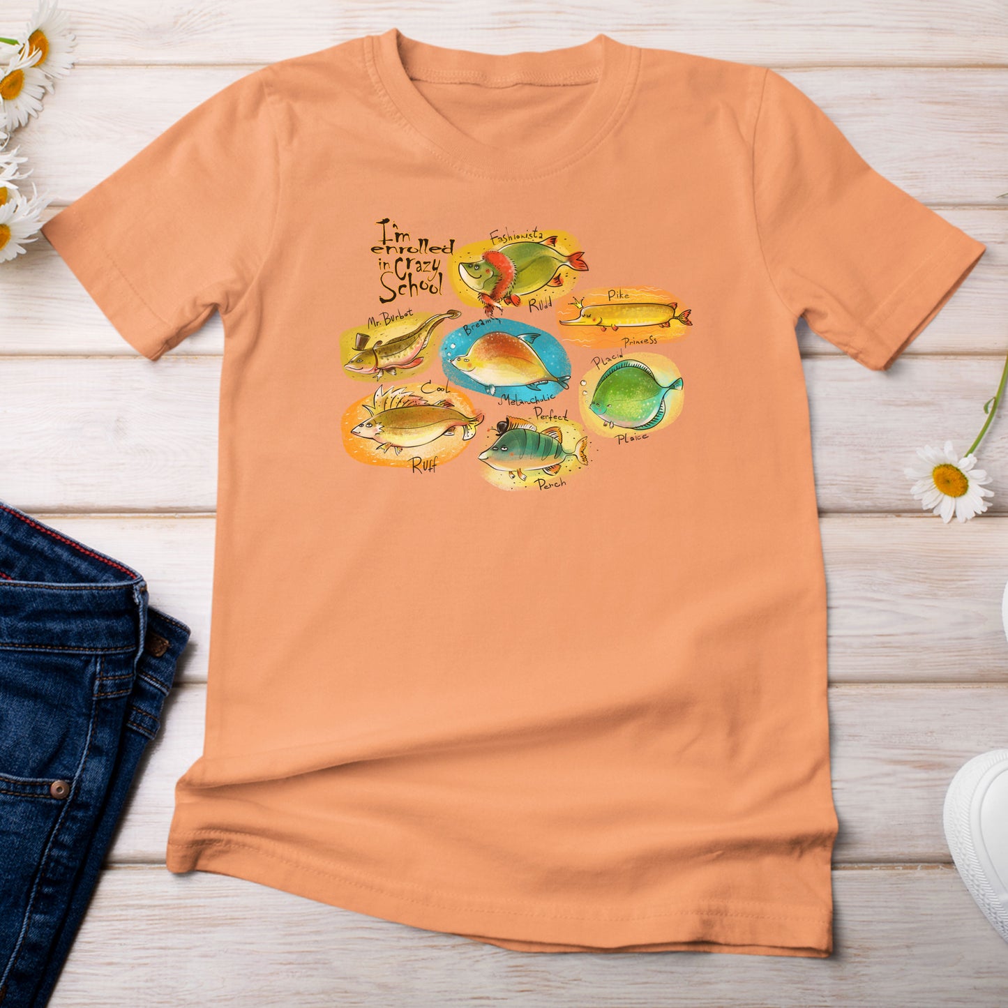 Crazy School, Multiple Whimsical Fish at Crazy School Bright Orange Melon Color