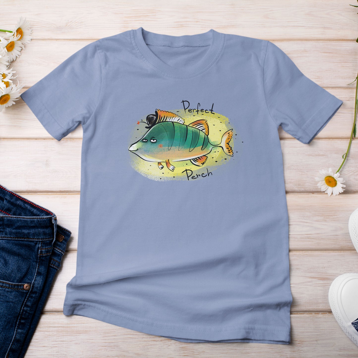 Perch are a Perfect Fish T-Shirt Light Blue Washed Denim Color