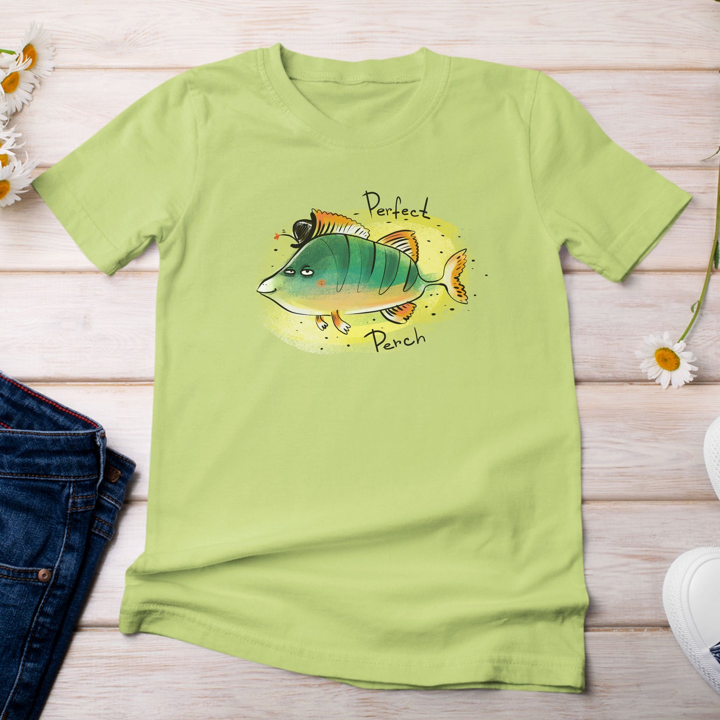 Perch are a Perfect Fish T-Shirt Bright Light Green Kiwi Color