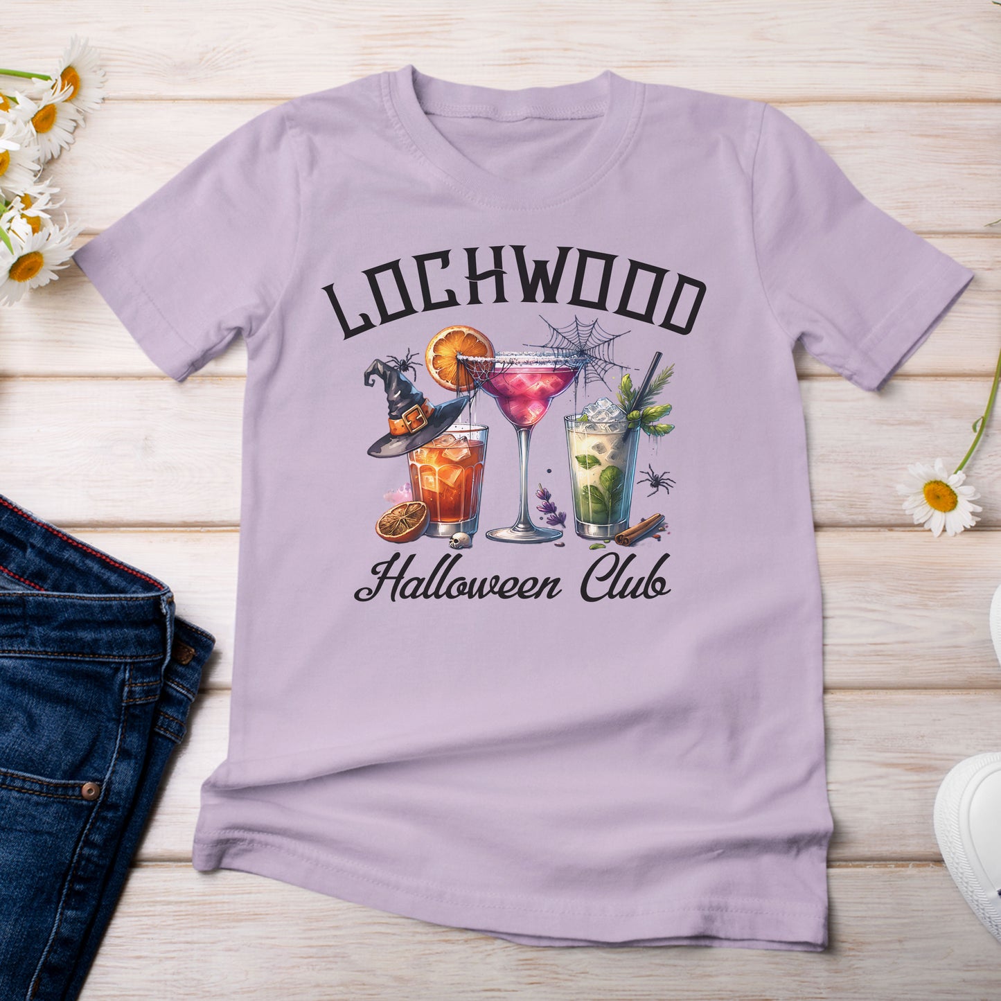 Lochwood Halloween Club with Cocktails T-Shirt Light Lilac Orchid Color