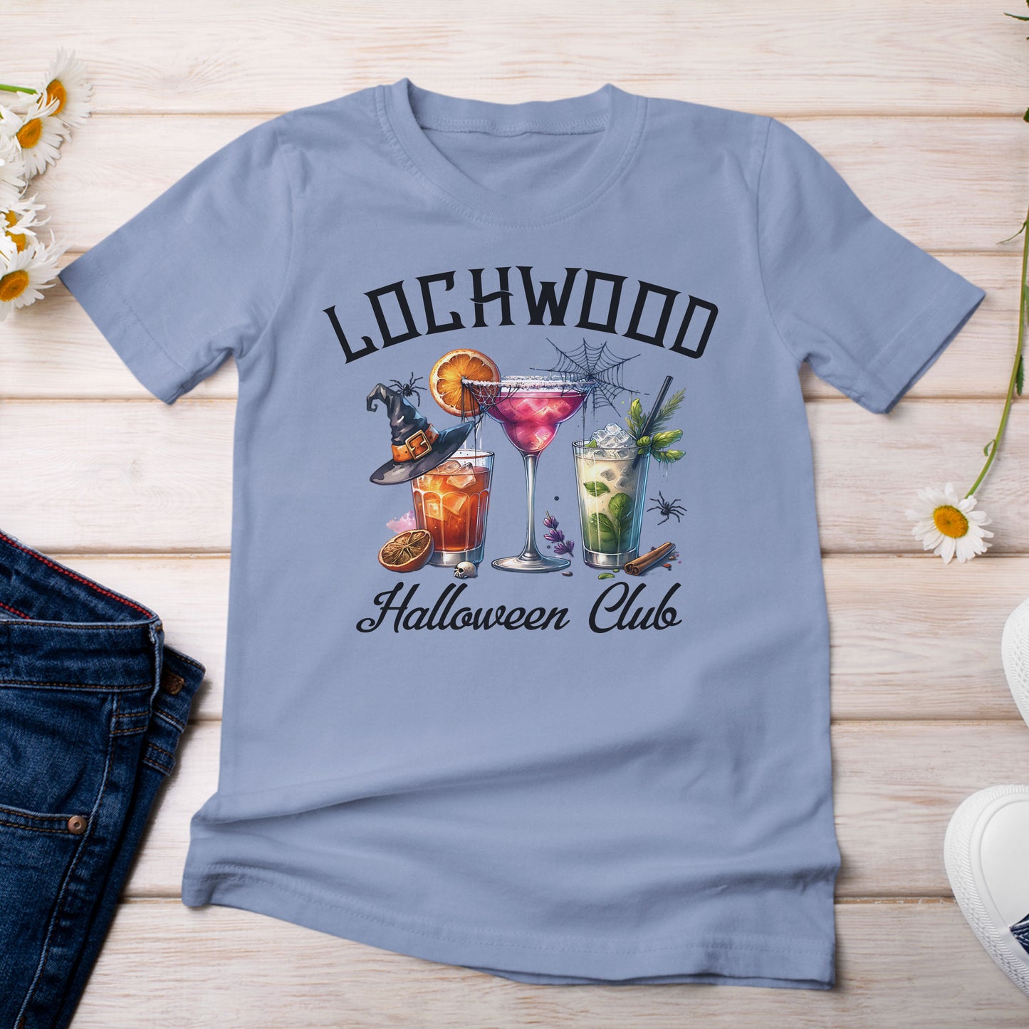 Lochwood Halloween Club with Cocktails T-Shirt Light Washed Denim Color