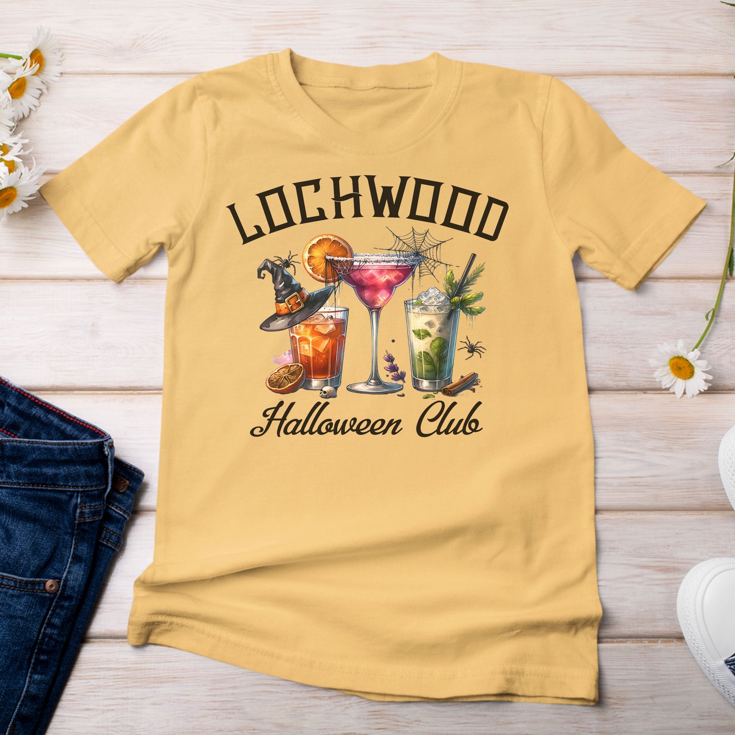 Lochwood Halloween Club with Cocktails T-Shirt Bright Yellow Citrus Color