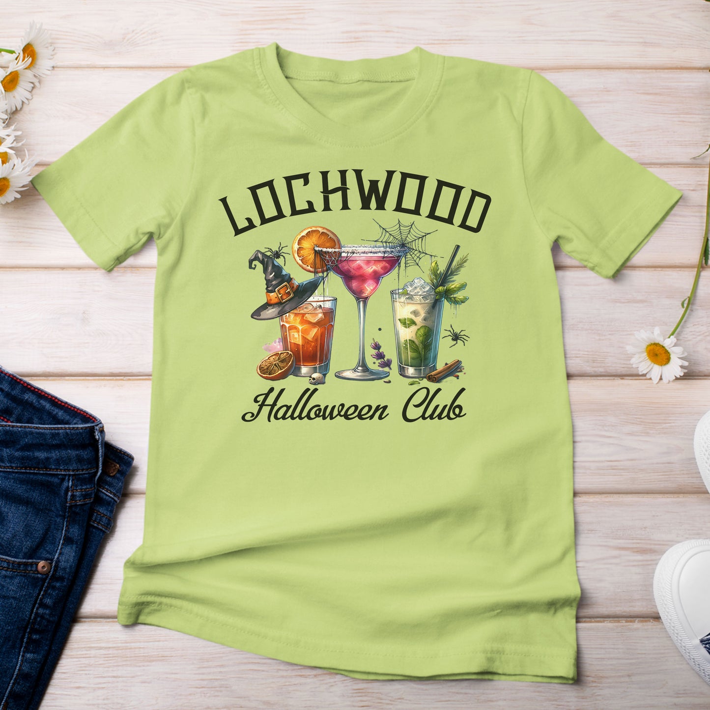 Lochwood Halloween Club with Cocktails T-Shirt Bright Light Green Kiwi Color