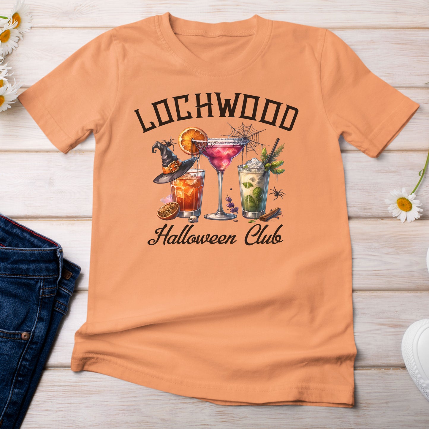 Lochwood Halloween Club with Cocktails T-Shirt Bright Light Orange Melon Color