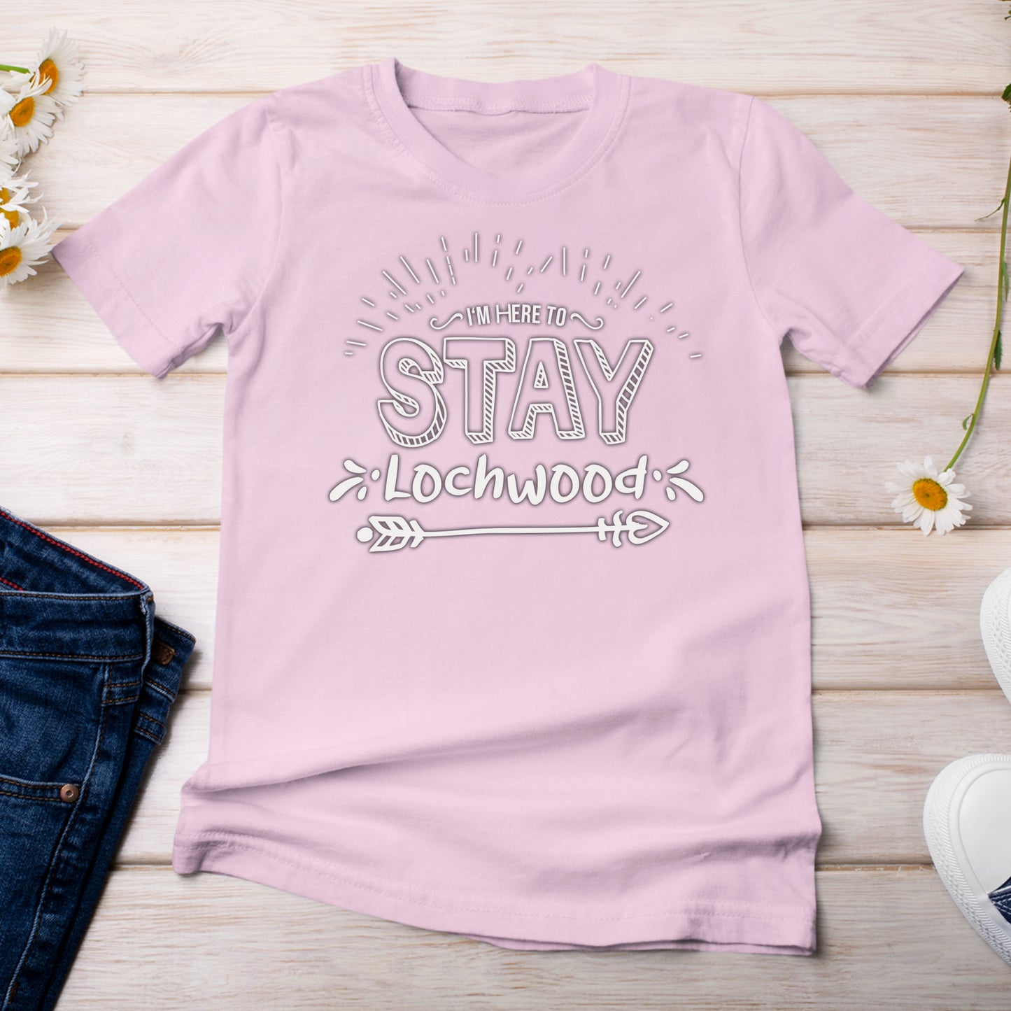 I'm Here to Stay in Lochwood T-Shirt Light Pink Blossom Color