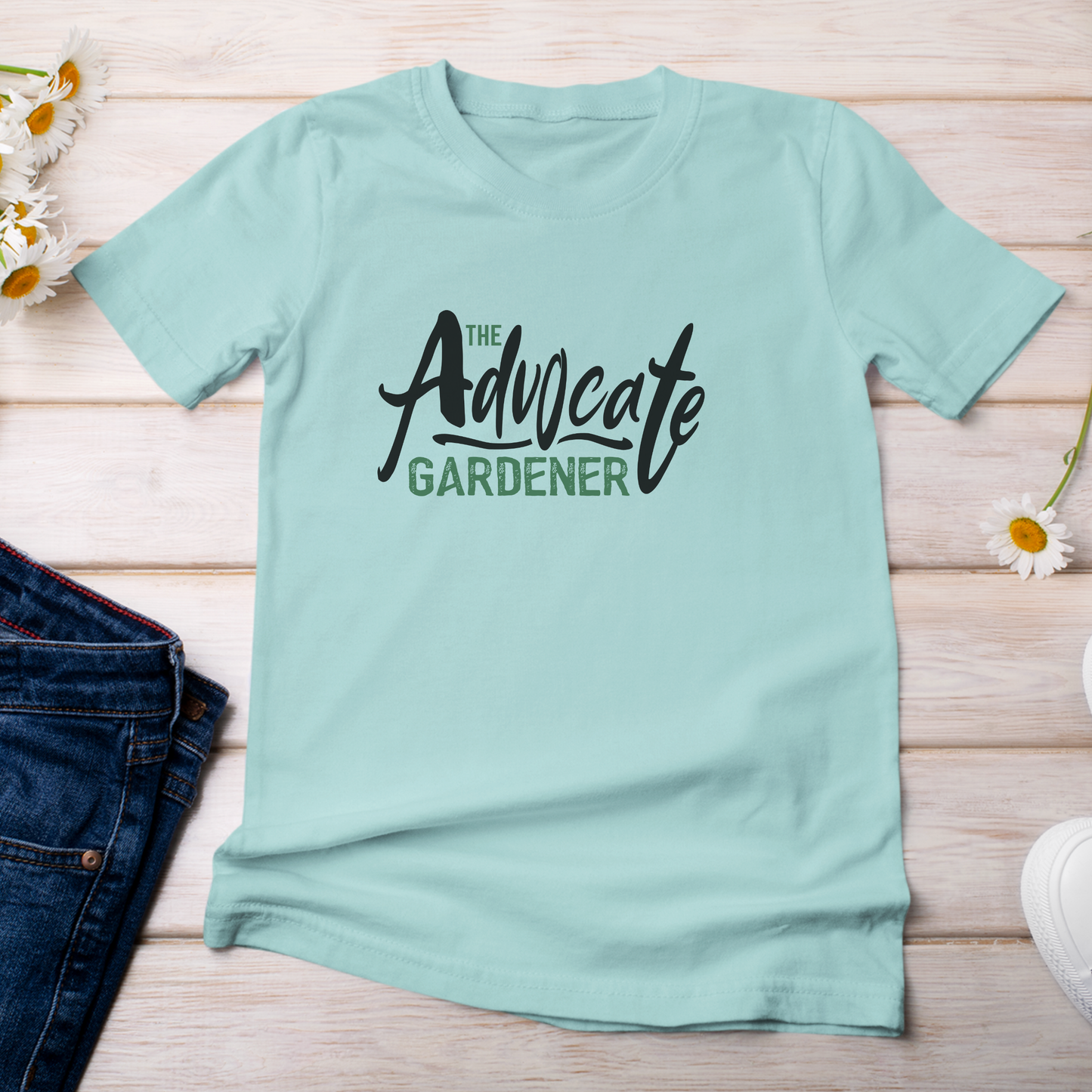 Advocate Gardener advocategardens.com Logo Shirt chalky mint color