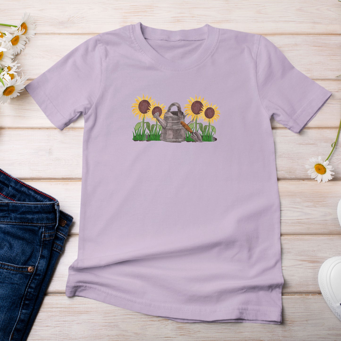 Sunflowers with Watering Can T-Shirt Light Lilac Orchid Color