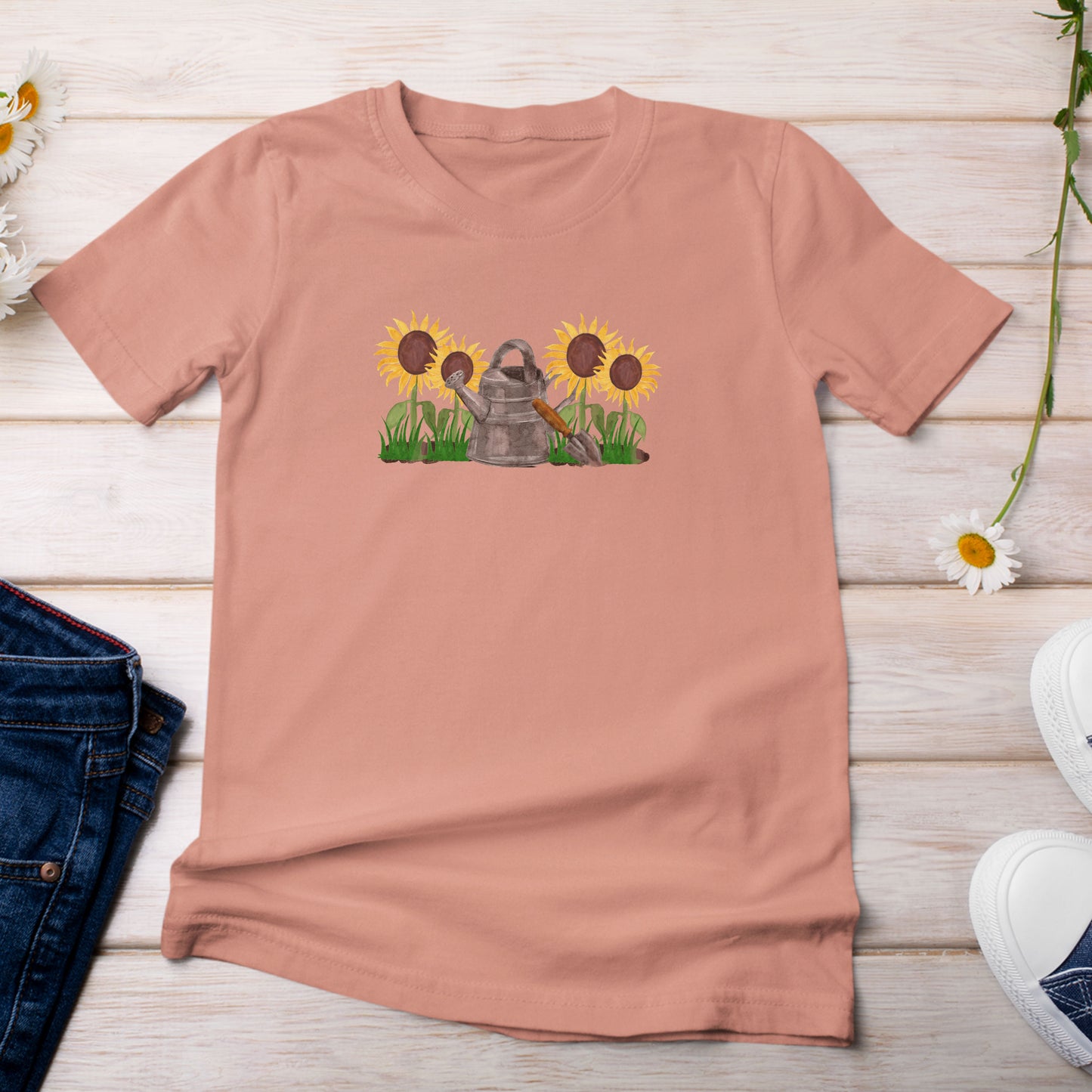 Sunflowers with Watering Can T-Shirt Terra Cotta Color