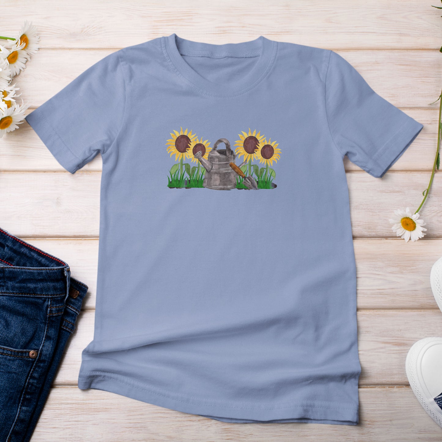 Sunflowers with Watering Can T-Shirt Light Washed Denim Color