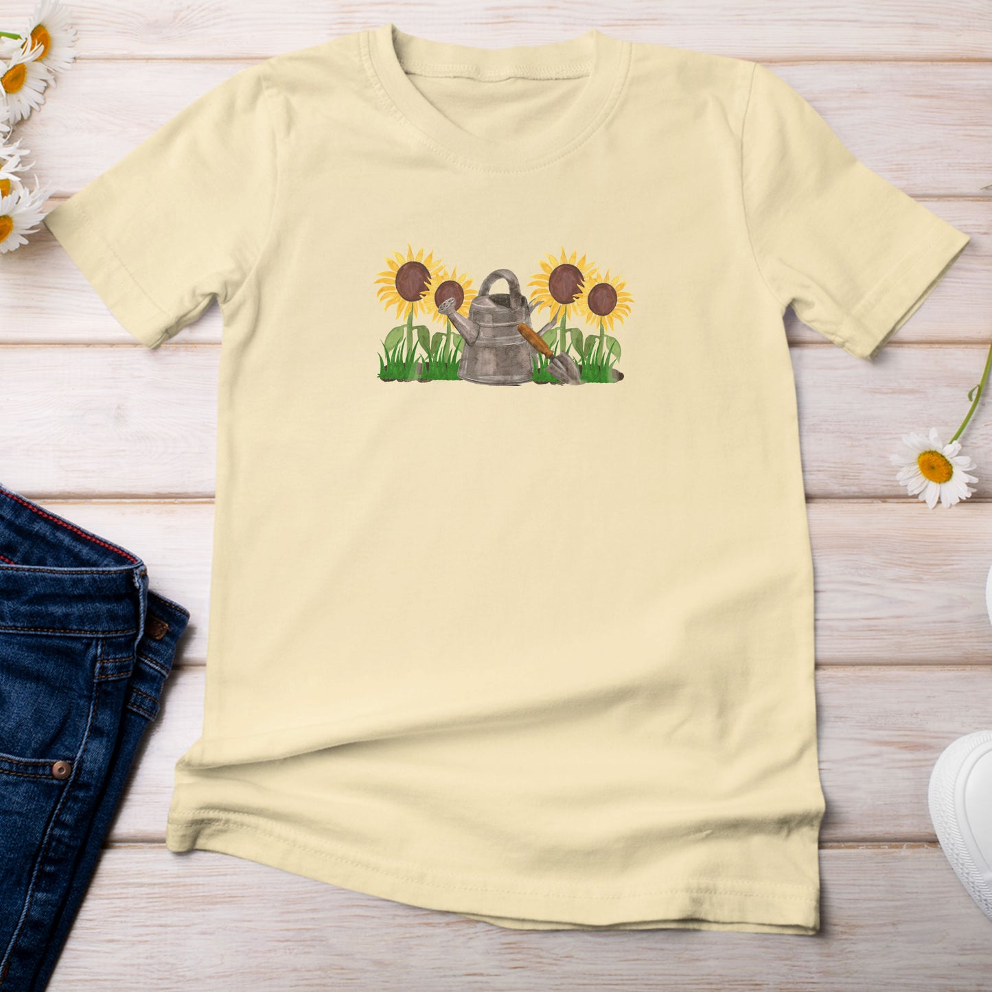 Sunflowers with Watering Can T-Shirt Light Yellow Banana Color