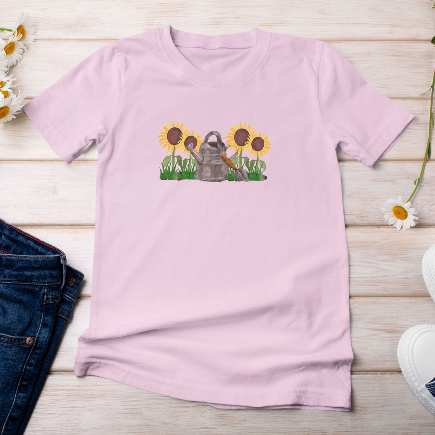 Sunflowers with Watering Can T-Shirt Light Pink Blossom Color