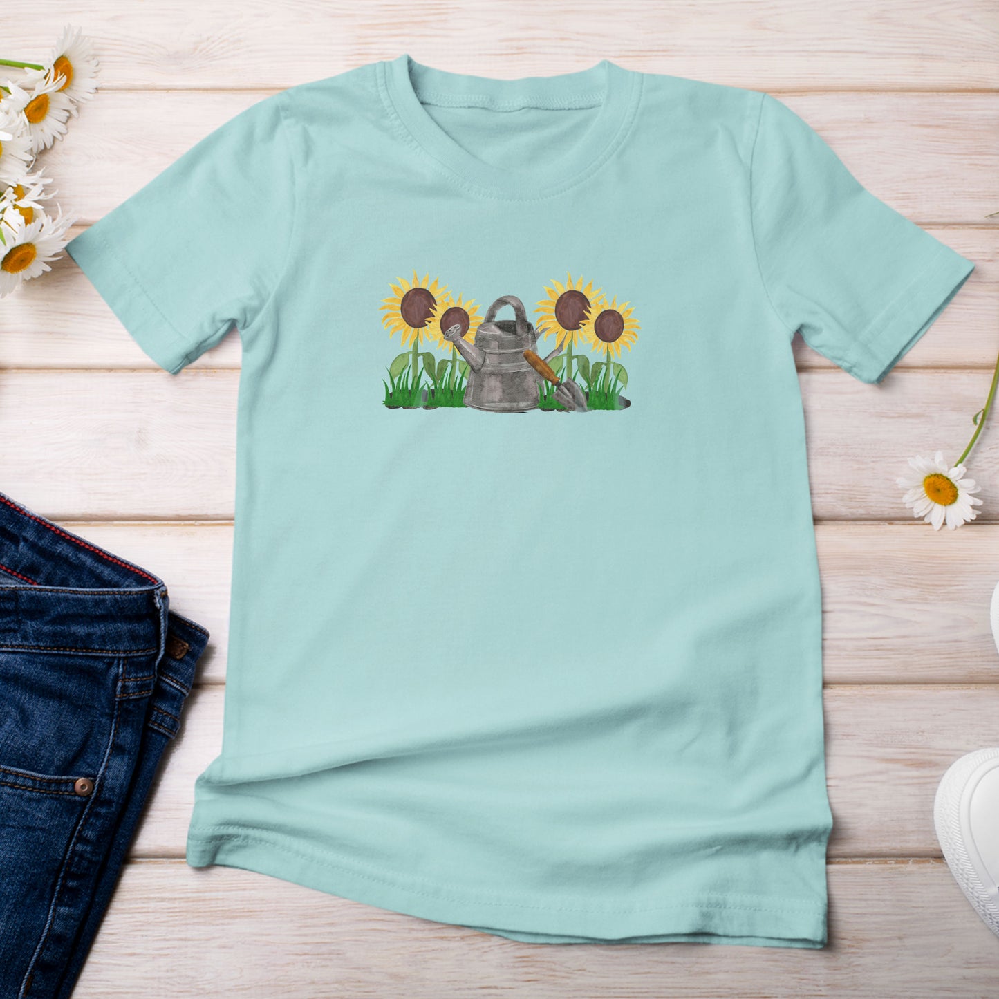 Sunflowers with Watering Can T-Shirt Chalky Mint Color