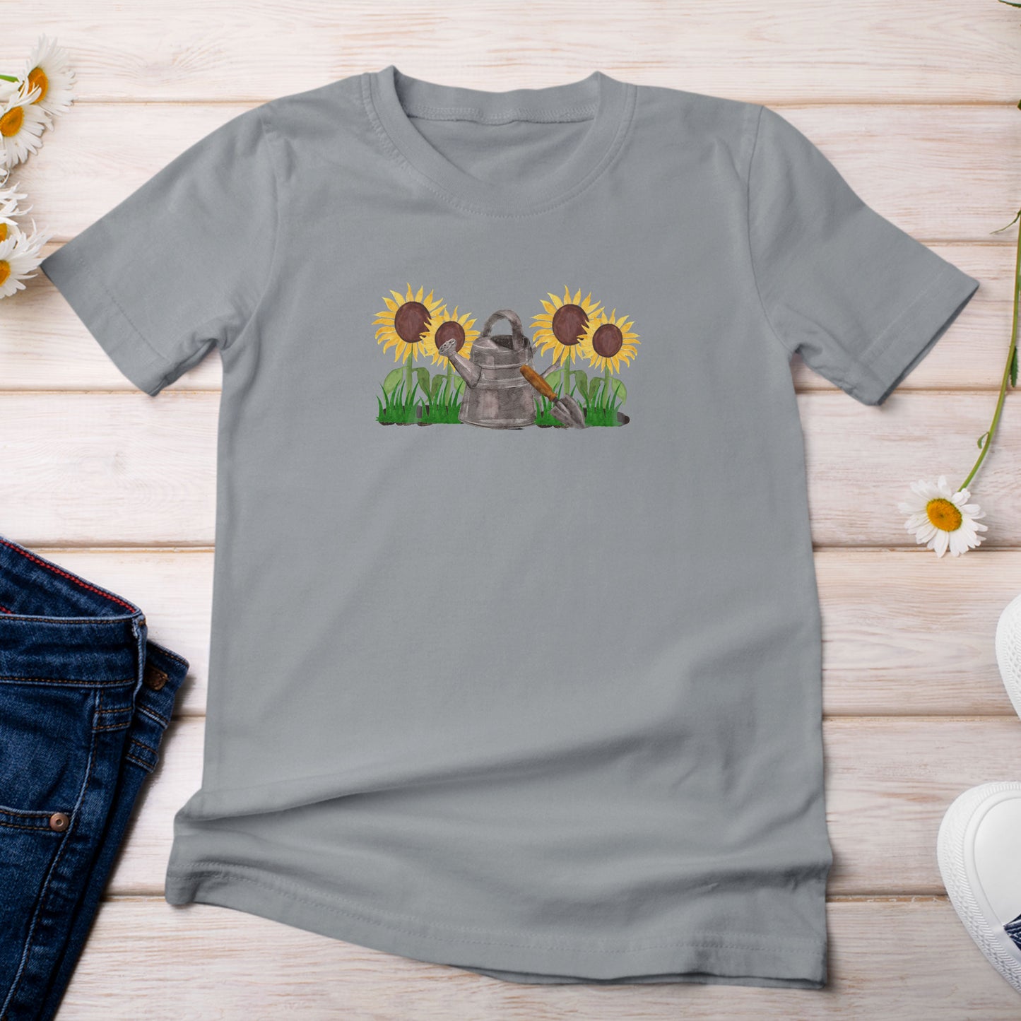 Sunflowers with Watering Can T-Shirt Light Gray Granite Color