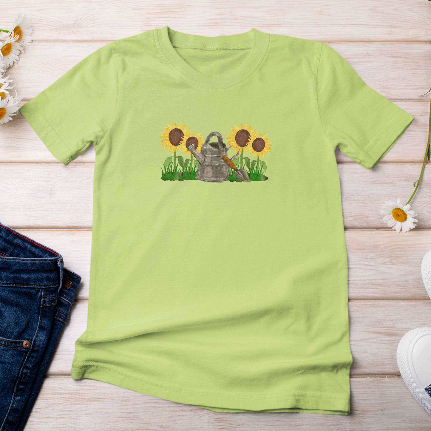 Sunflowers with Watering Can T-Shirt Light Green Kiwi Color