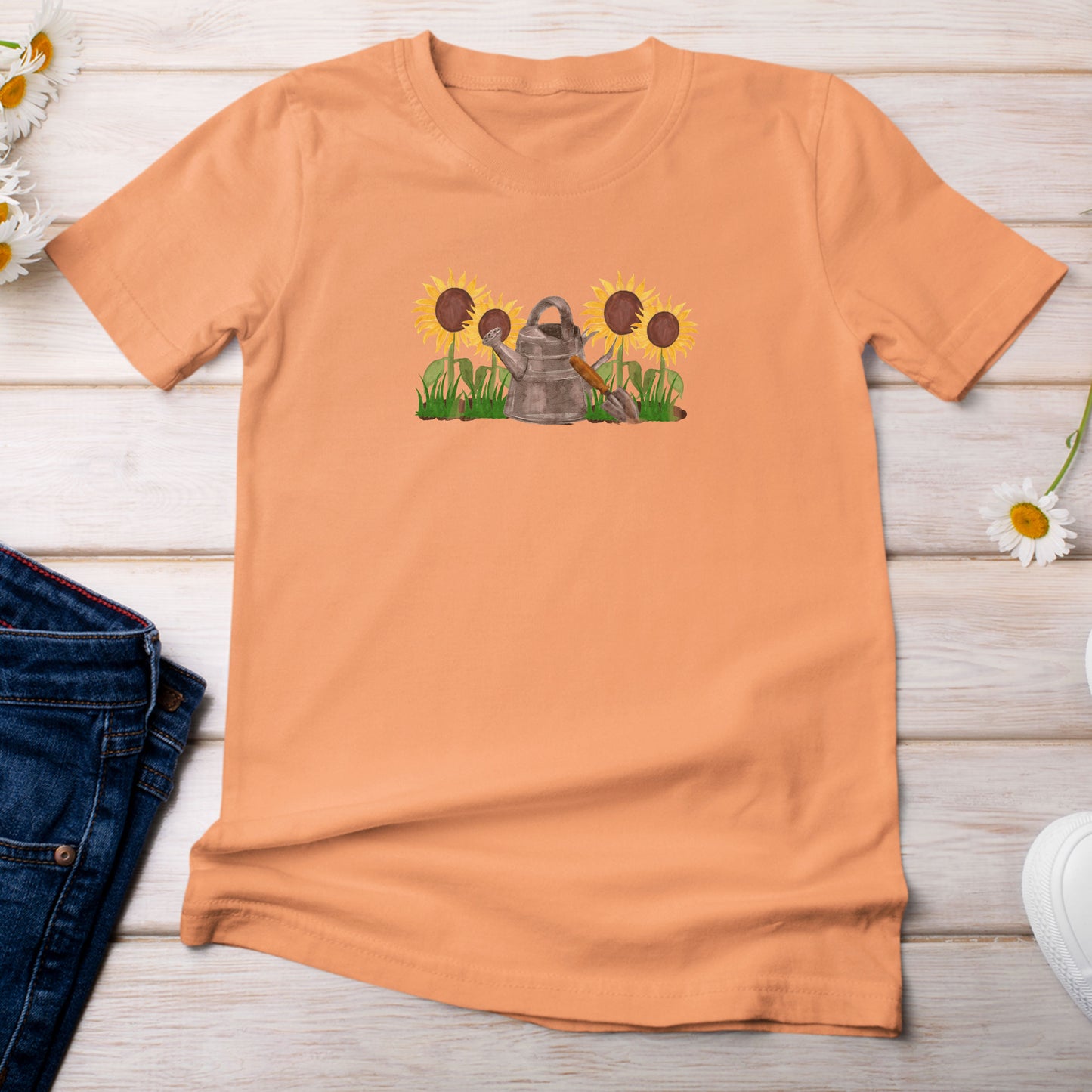 Sunflowers with Watering Can T-Shirt Bright Orange Melon Color