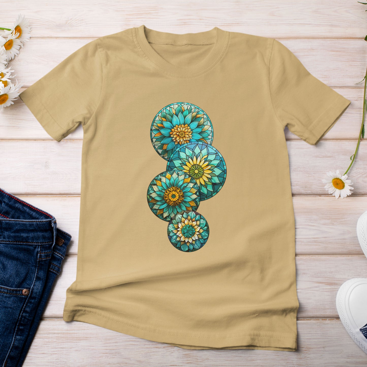 Stain Glass Teal Sunflowers T-Shirt