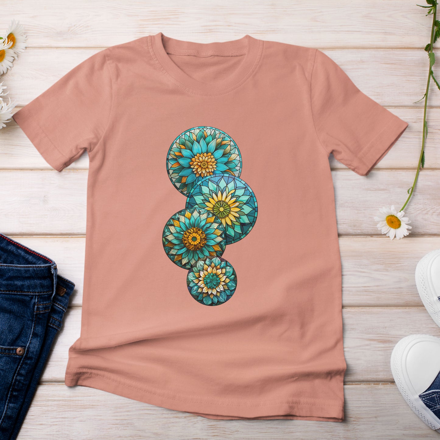 Stain Glass Teal Sunflowers T-Shirt