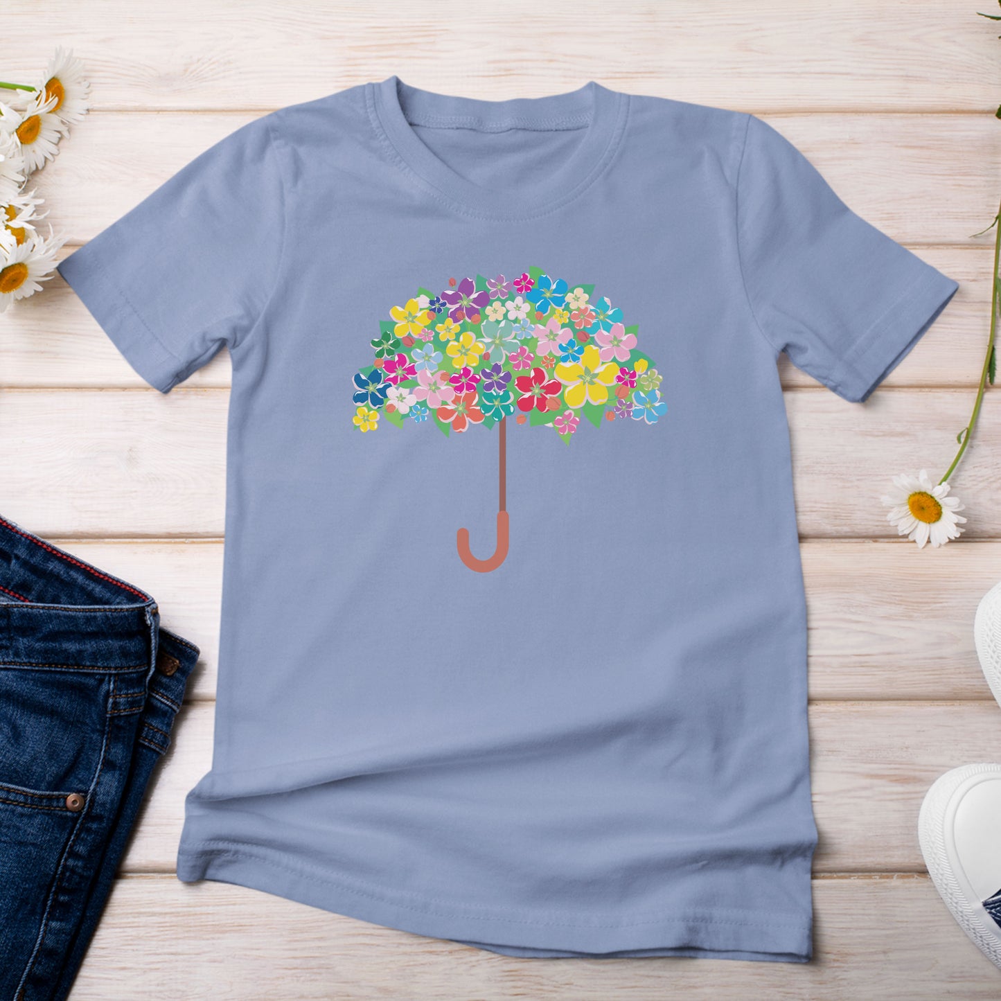 Floral Umbrella T-shirt Light Blue Washed Denim Color