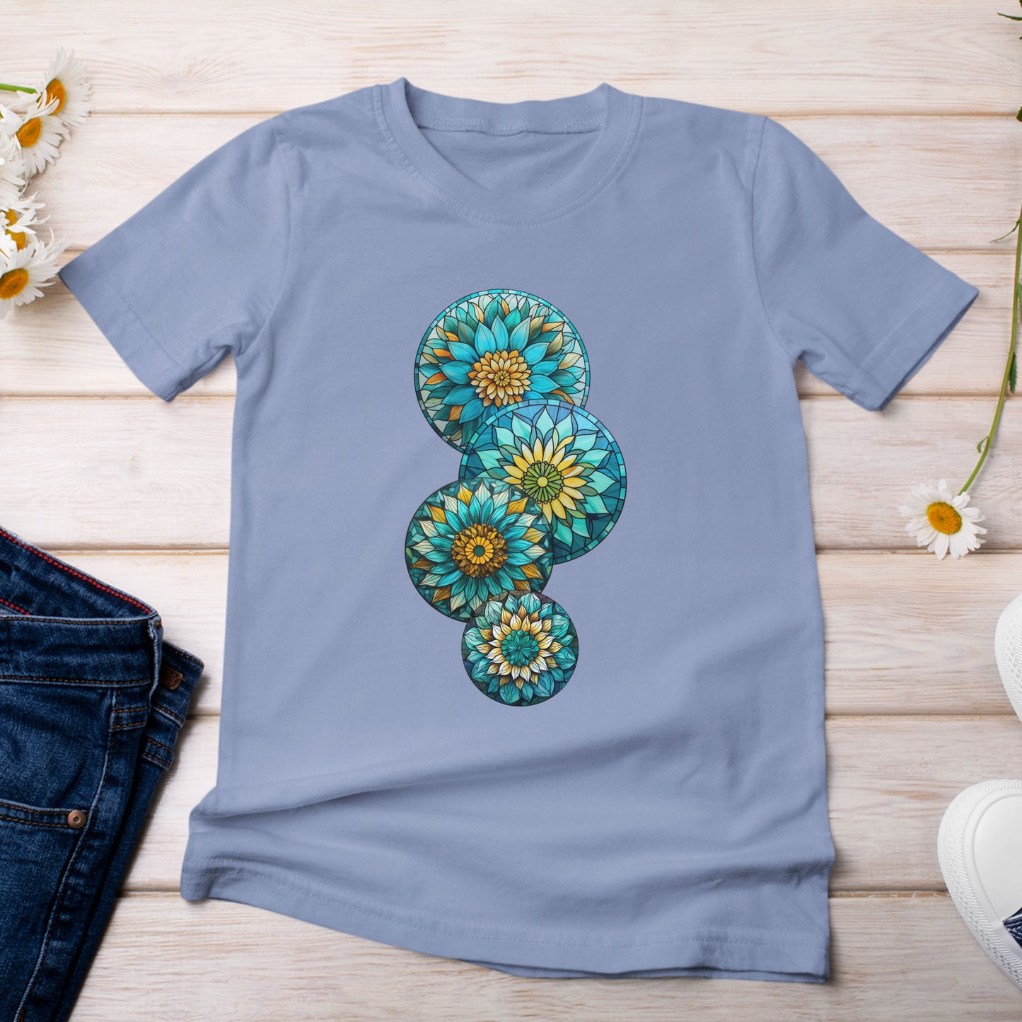 Stain Glass Teal Sunflowers T-Shirt