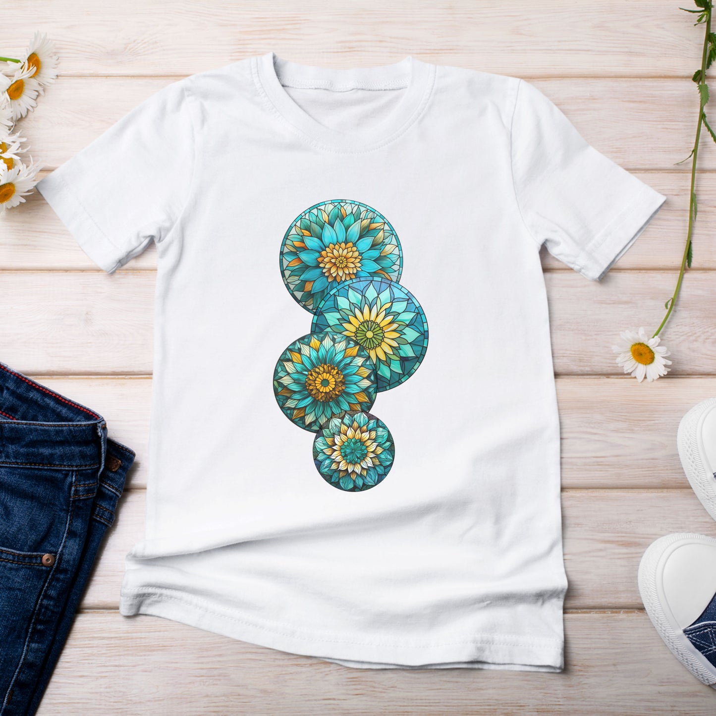 Stain Glass Teal Sunflowers T-Shirt