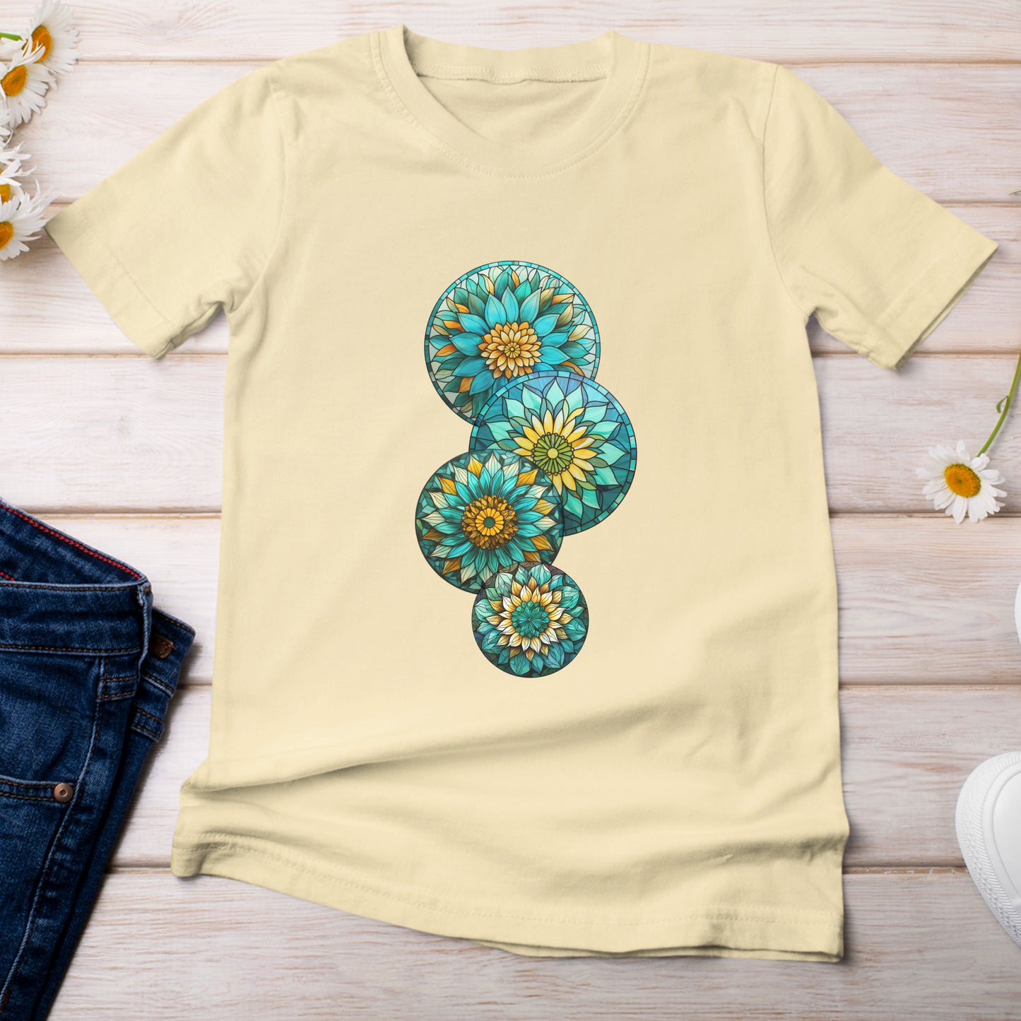 Stain Glass Teal Sunflowers T-Shirt