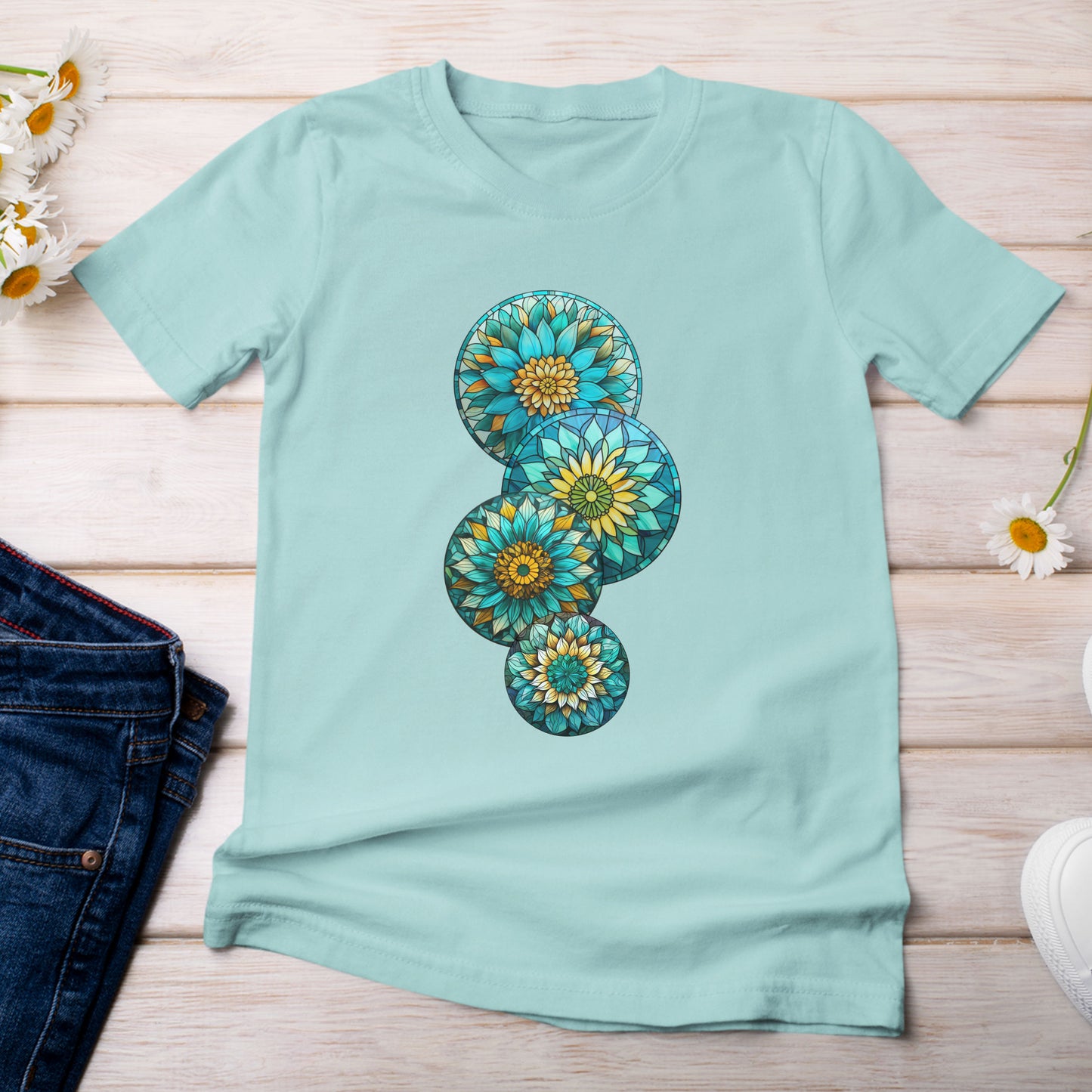 Stain Glass Teal Sunflowers T-Shirt