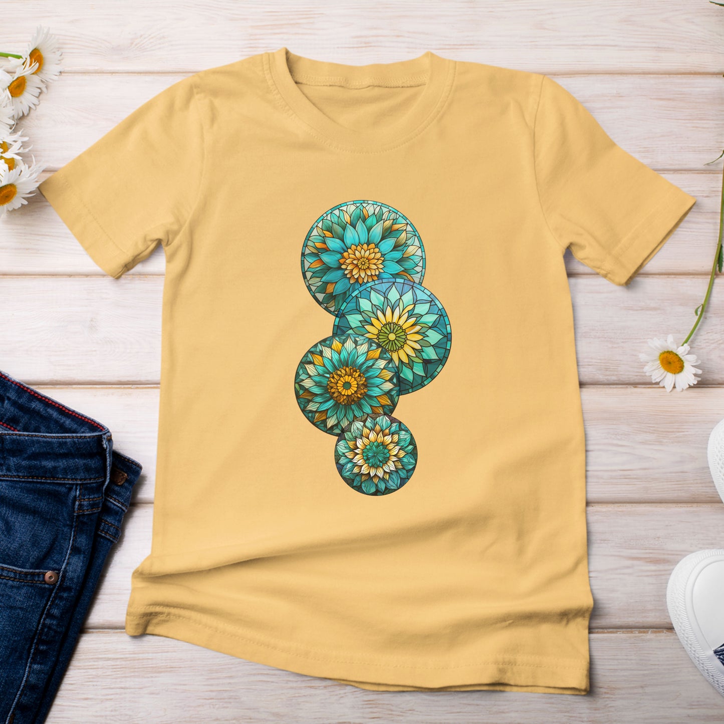 Stain Glass Teal Sunflowers T-Shirt