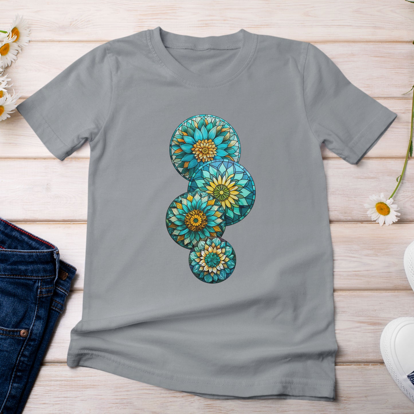 Stain Glass Teal Sunflowers T-Shirt