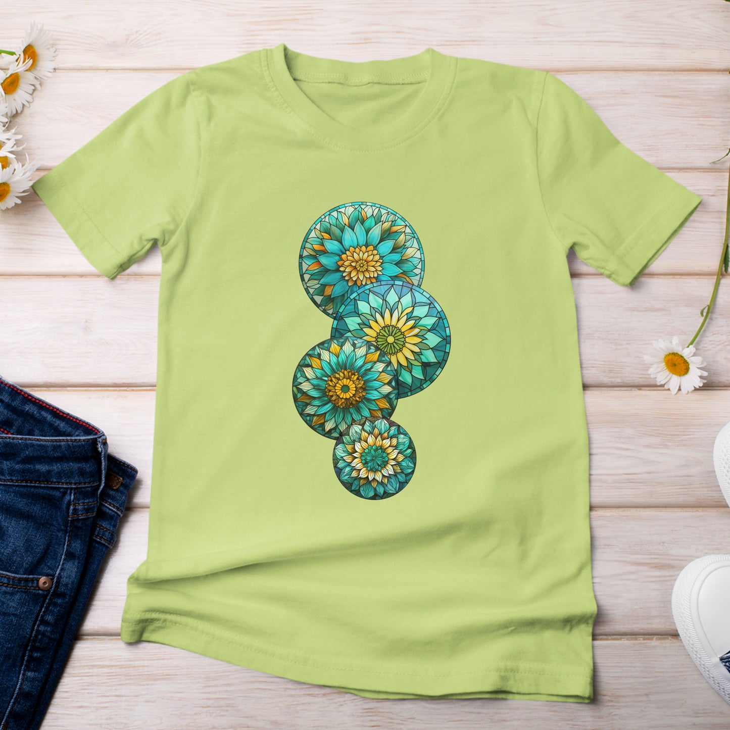 Stain Glass Teal Sunflowers T-Shirt