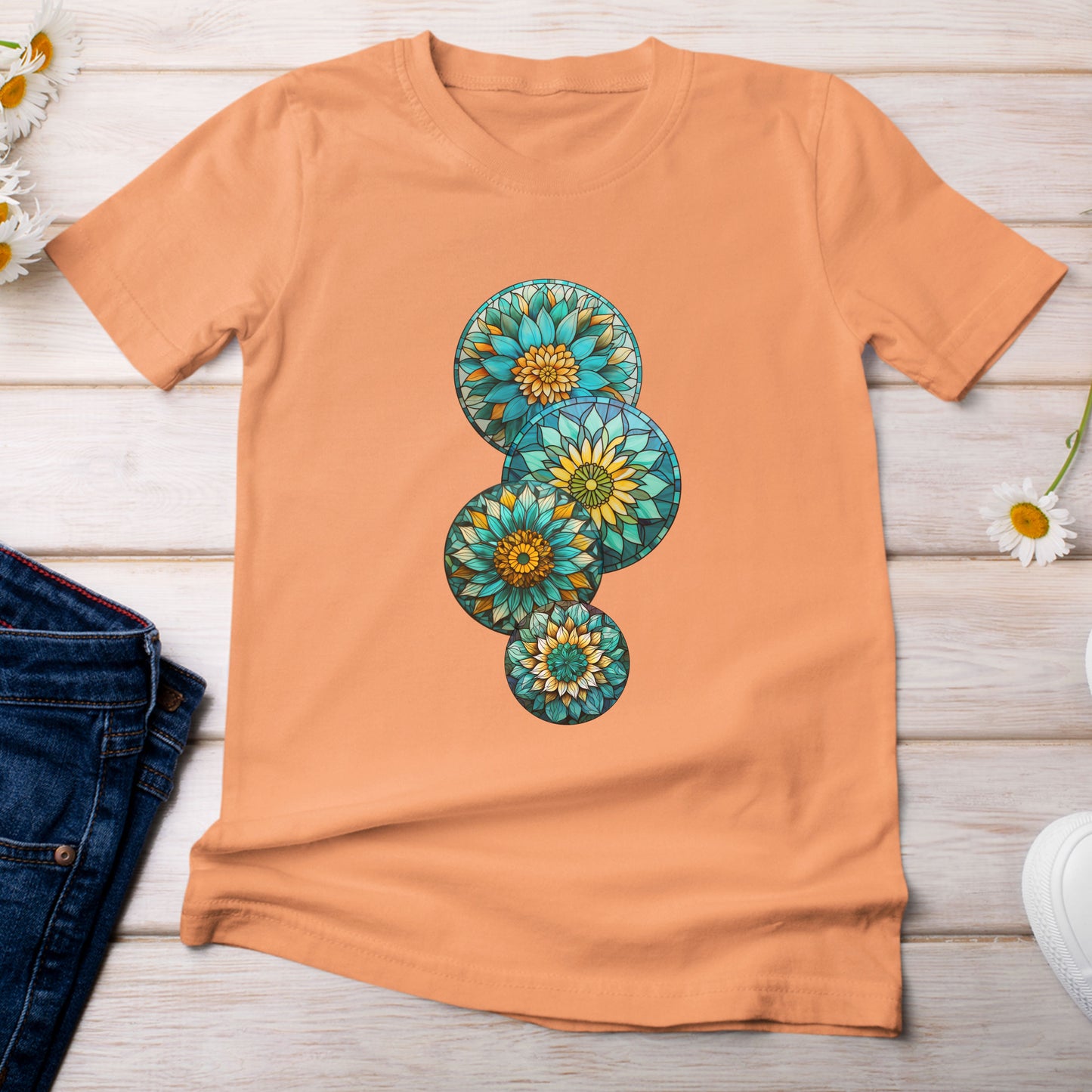 Stain Glass Teal Sunflowers T-Shirt